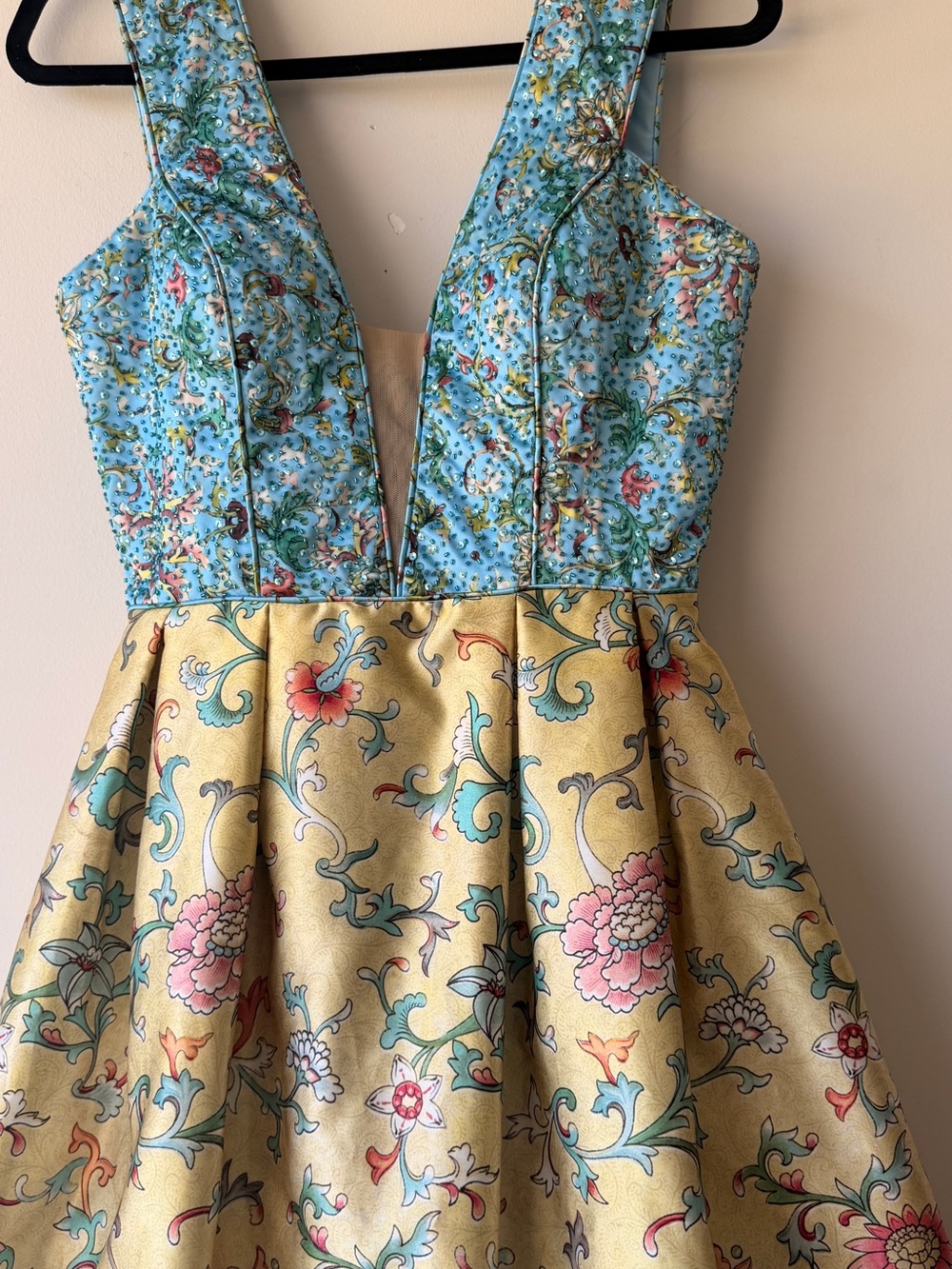 Sherri Hill Blue and Yellow Floral V-Neck Prom Gown - Picture 3 of 8